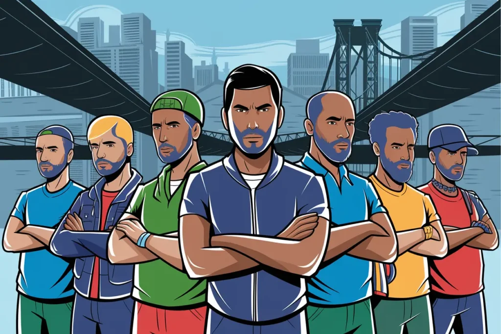 A group of gamers gathered around a screen, high-fiving and cheering, with a cityscape background and bold, colorful graphics